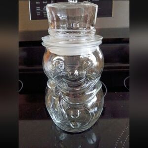 Vintage 1950's Anchor Hocking Glass Snowman Jar Christmas Holiday Candy/Nut Jar.